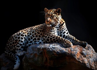 Naklejka premium The leopard with beautiful eyes resting on the rock with an isolated black background, in the style of high resolution photography