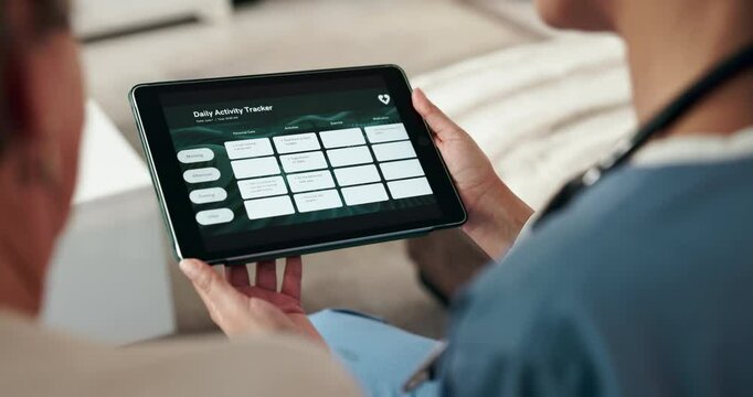 Nurse, elderly care and tablet as caregiver in nursing home for health, wellness and schedule in retirement. Woman, senior person and reminder for Alzheimers, age related illness or memory on tech