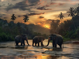 The Sri corporations group of elephants in the river at sunset