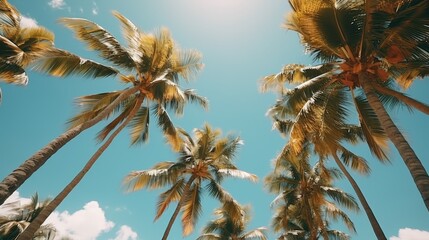 Lush palm trees on tropical beach under clear blue sky, ideal summer travel concept