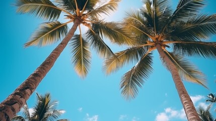 Fototapeta premium Tropical beach view palm trees, blue sky, summer vibes perfect for travel concept