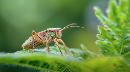 Fototapeta premium A Close Up of a Green Grasshopper Perched on a Leaf in a Garden