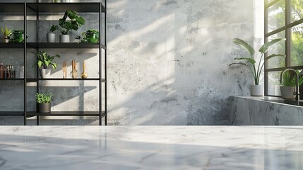 Empty kitchen island with marble surface in foreground, green vintage countertop with drawers and pendant lights hanging above. AI generated illustration