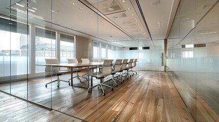 Clean spacious glass office meeting room interior with furniture and large panoramic windows with city view. 3D Rendering. AI generated illustration