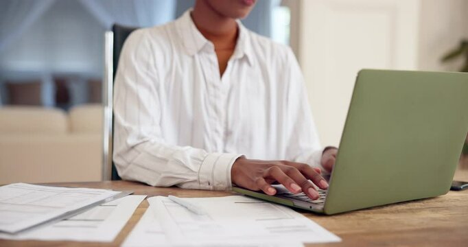 Typing, laptop and business person with paperwork at desk for project proposal, feedback or email client. Computer, notary and employee for report, legal documents or review affidavit in office