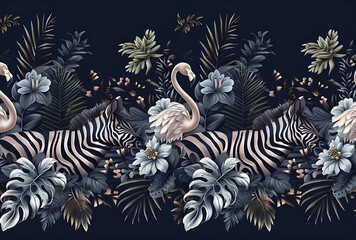 Tropical jungle seamless border with animals, zebra and flamingo in the style of vector style on dark background