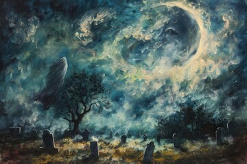 Obraz premium An acrylic painting of a ghostly figure floating above a graveyard, with tombstones and skeletal trees