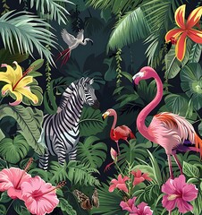 Tropical rainforest scene with animals like zebra, monkey and flamingo in the jungle