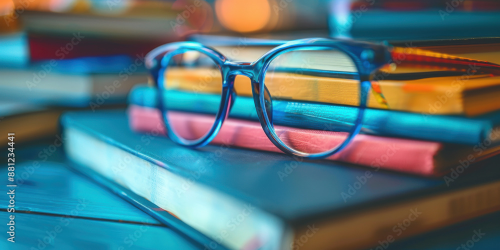 Poster blue-framed eyeglasses resting on a stack of colorful books, suggesting reading and study in a cozy 