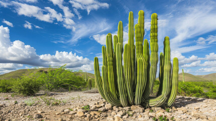 Large cactus standing tall in a desert landscape under a bright blue sky with scattered clouds.