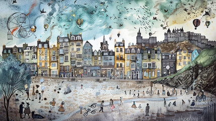 Obraz premium European Street Festival Watercolor Illustration