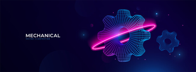 3D vector gear and cogwheel illustration, blue wireframe mesh design. Technical security, online support, and industrial innovation. Engineering, digital technology cybersecurity vector illustration.