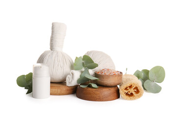 Beautiful composition with spa accessories and eucalyptus branches isolated on white background