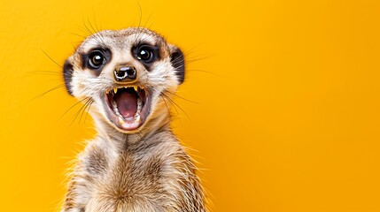 cheerful smile friendly meerkat with yellow background