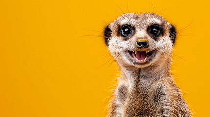 cheerful smile friendly meerkat with yellow background