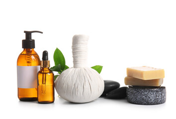 Composition with bottles of cosmetic products and spa accessories isolated on white background