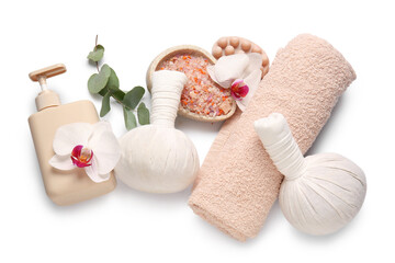 Composition with spa accessories and orchid flowers isolated on white background