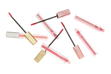Different modern lipsticks on white background