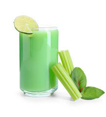 Glass of tasty vegetable juice and ingredients on white background