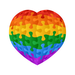Heart puzzle assembled from pieces with the colors of the gay pride flag LGBT. Vector isolated on white background.