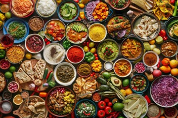 Fototapeta premium Top view of a colorful assortment of food beautifully arranged on a table