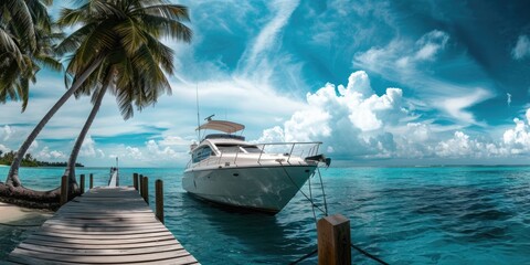 Obraz premium A boat moored at a dock surrounded by tall palm trees, suitable for travel or adventure-themed projects