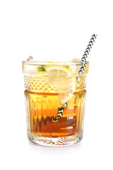 Glass of cold Long Island iced tea on white background