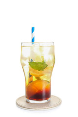 Glass of cold Long Island iced tea on white background