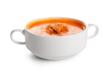 Pot of tasty cream soup with croutons on white background