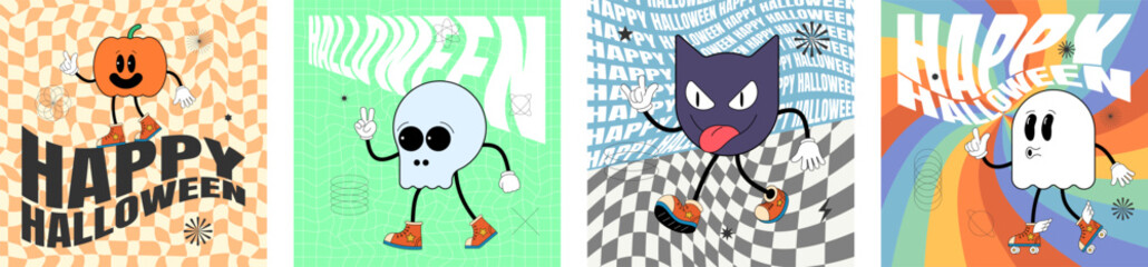 Retro groovy Happy Halloween party art square banner set. Scary pumpkin, skull, bat and ghost holiday characters on crazy hippy print. Psychedelic hippie style abstract flyer. Trendy y2k pop design
