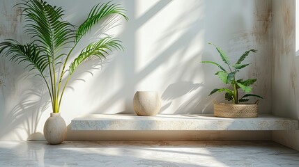 Obraz premium An abstract 3D rendering of a podium with a palm leaf