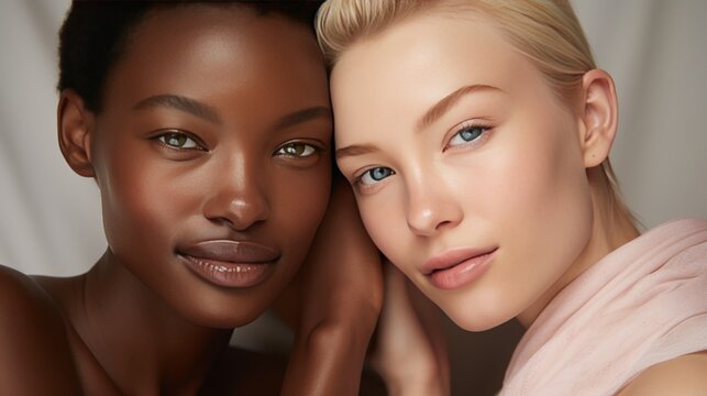 Diverse gen z women with piercings and tattoos promoting skincare on beige background