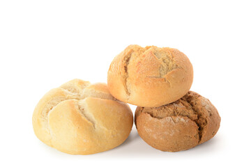 Different delicious buns on white background