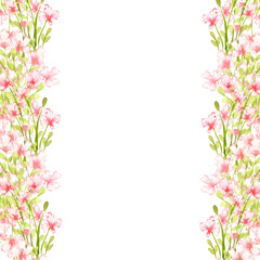 Pink flowers, small wildflowers, left and right frame watercolor illustration. Summer meadow with floral print and wildflowers. Isolated from the background. For design of cards, invitations, weddings