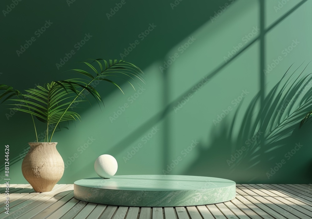 Fototapete detailed 3d rendering of a rectangular and circular 3d podium with a textured surface.