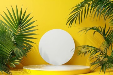 Fototapeta premium Three-dimensional rendering of a yellow room with a white podium and palm leaves