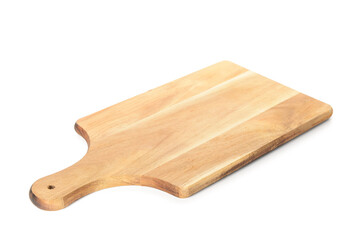 Clean wooden cutting board on white background