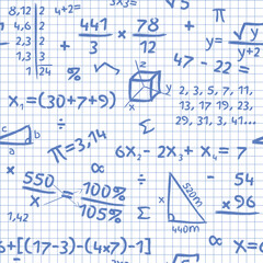 Mathematics Pattern - Mathematical Accounts and Symbols Written with Blue Pen on Squared Paper Sheet Background. Seamless Link.