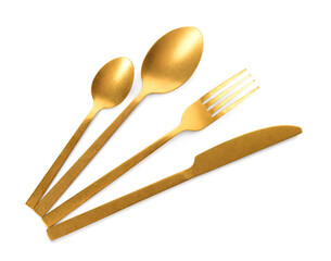 Golden fork, knife and spoons on white background