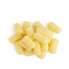 Heap of tasty salty corn sticks on white background