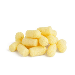 Heap of tasty salty corn sticks on white background