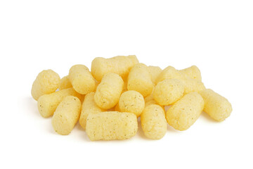 Heap of tasty salty corn sticks on white background