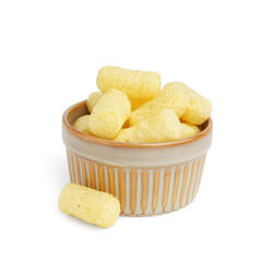 Bowl with tasty corn sticks on white background