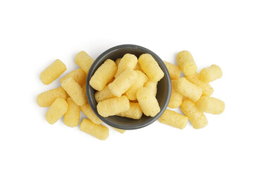 Bowl with tasty corn sticks on white background