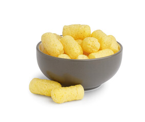 Bowl with tasty corn sticks on white background