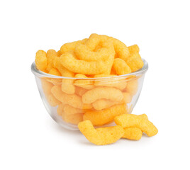Glass bowl with tasty corn sticks on white background