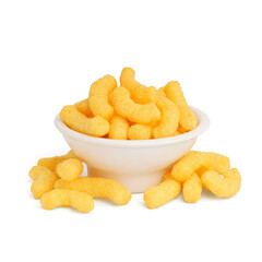 Bowl with tasty corn sticks on white background