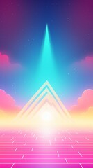 A vibrant sunset sky with a neon blue light beam shining down on a pink brick path leading towards a bright light