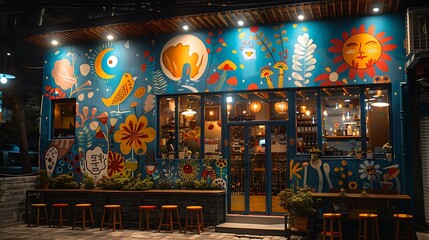 Obraz premium Korean party in a venue with innovative architecture depicted in a mural