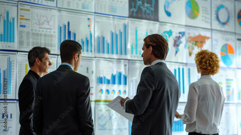 Poster a group of business professionals analyzing charts and graphs displayed on a large wall screen durin